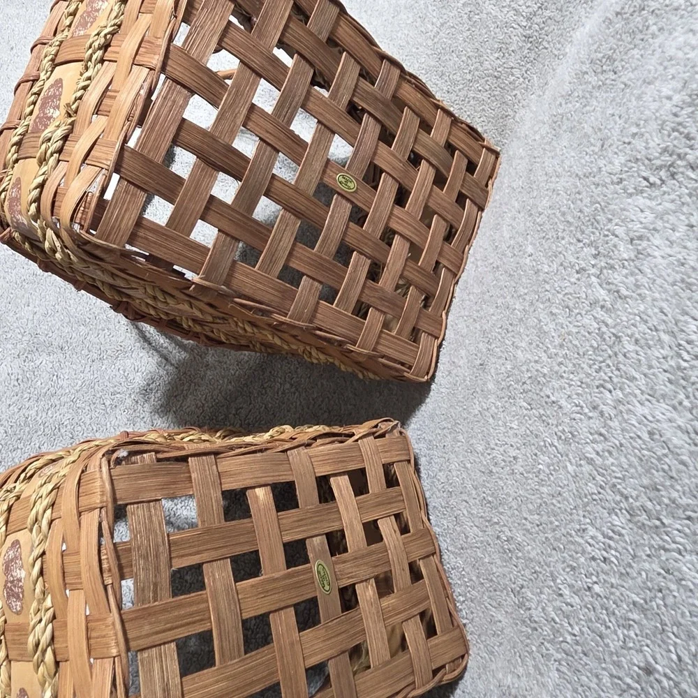 2 Vintage Cottagecore Wicker Baskets Heart Ceramic Handle Grandma Farmhouse